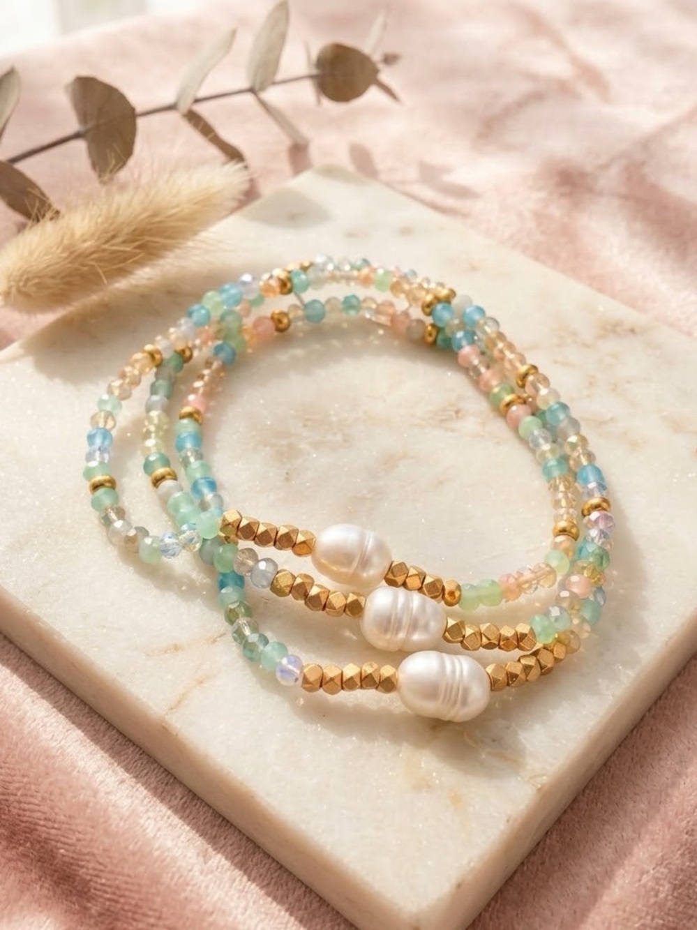 Mandalay & Co. Freshwater Pearl Crystal Bead Stacking Bracelet Set Blue Green